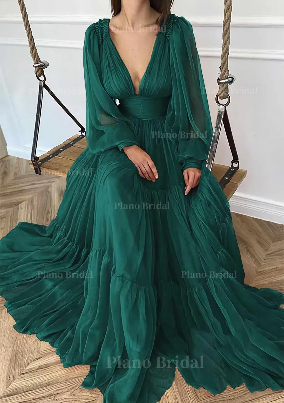 A-line V Neck Full/Long Sleeve Long/Floor-Length Chiffon Prom Dress With Pleated