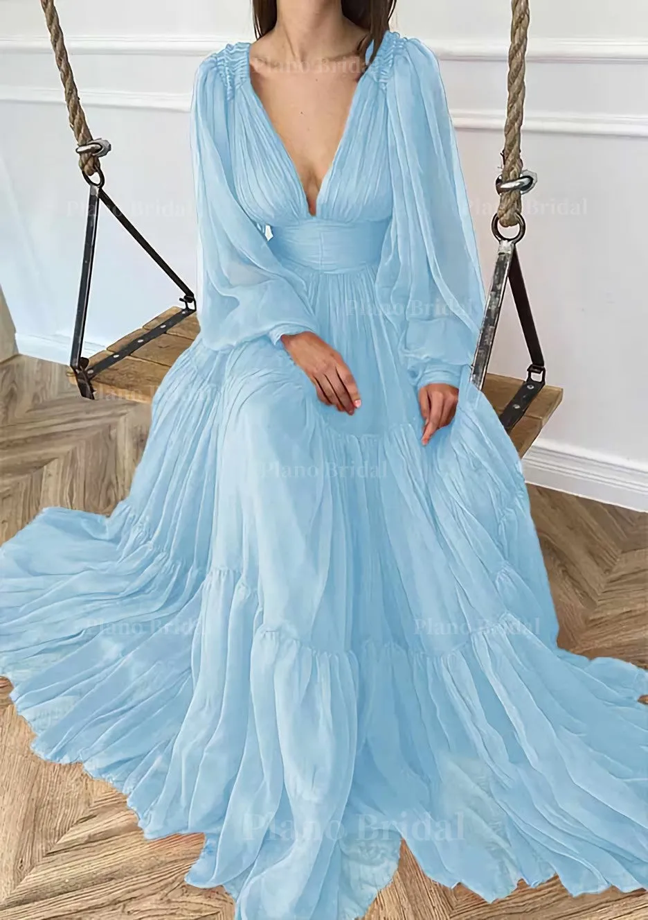 A-line V Neck Full/Long Sleeve Long/Floor-Length Chiffon Prom Dress With Pleated