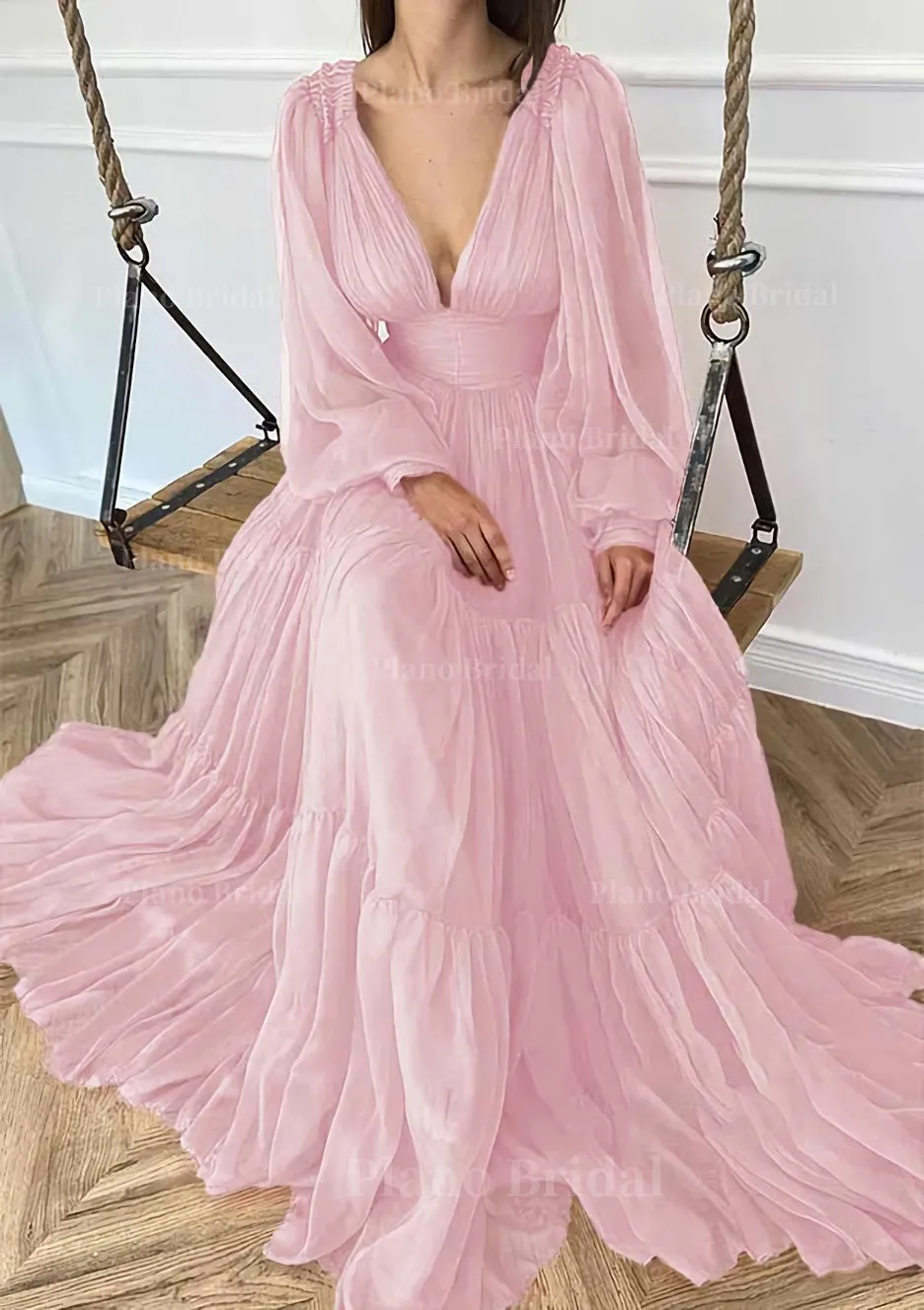 A-line V Neck Full/Long Sleeve Long/Floor-Length Chiffon Prom Dress With Pleated