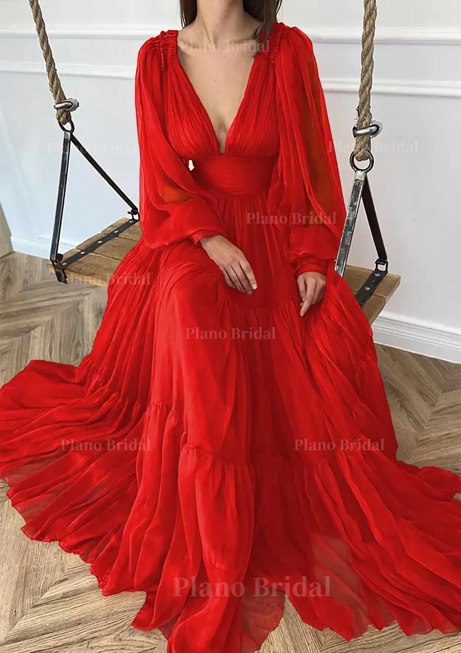 A-line V Neck Full/Long Sleeve Long/Floor-Length Chiffon Prom Dress With Pleated