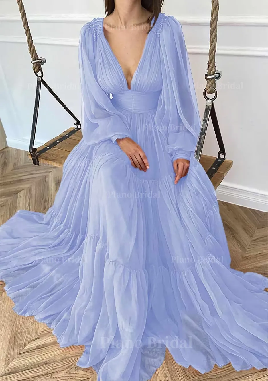 A-line V Neck Full/Long Sleeve Long/Floor-Length Chiffon Prom Dress With Pleated