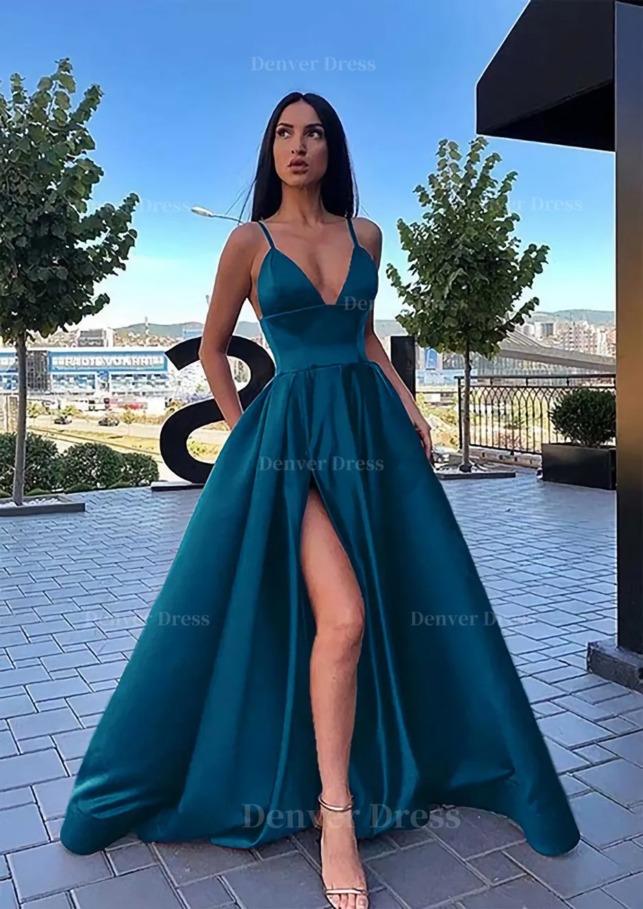 A-line V Neck Sleeveless Sweep Train Satin Prom Dress