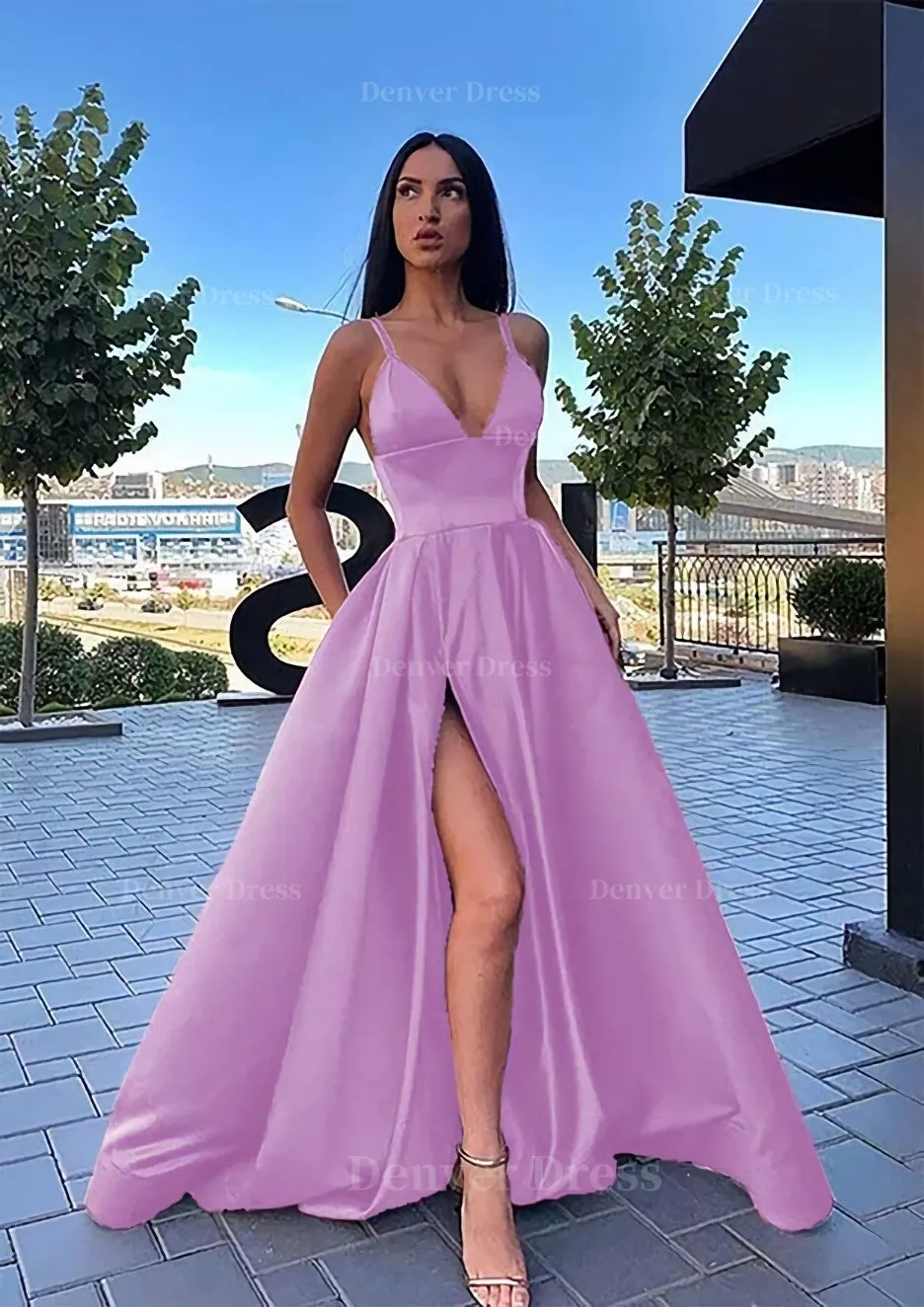 A-line V Neck Sleeveless Sweep Train Satin Prom Dress