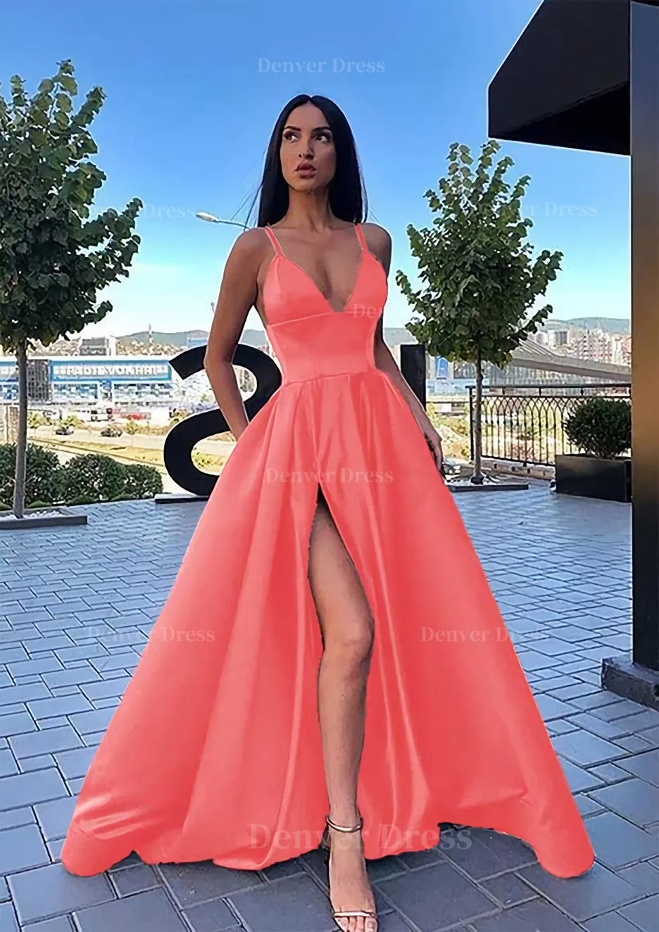 A-line V Neck Sleeveless Sweep Train Satin Prom Dress