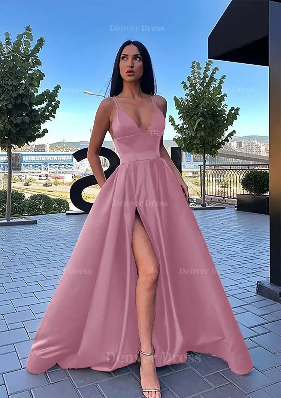 A-line V Neck Sleeveless Sweep Train Satin Prom Dress