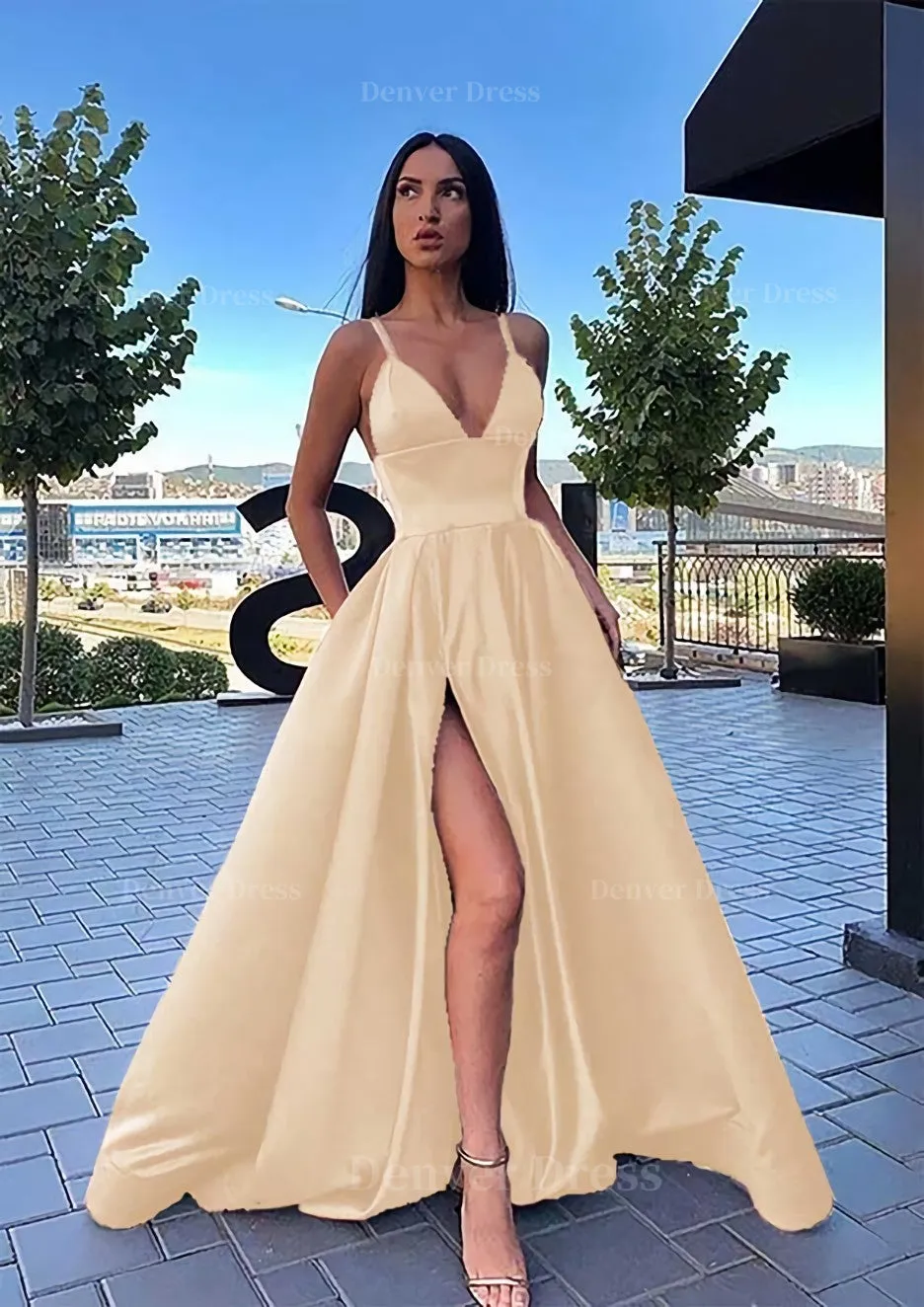 A-line V Neck Sleeveless Sweep Train Satin Prom Dress