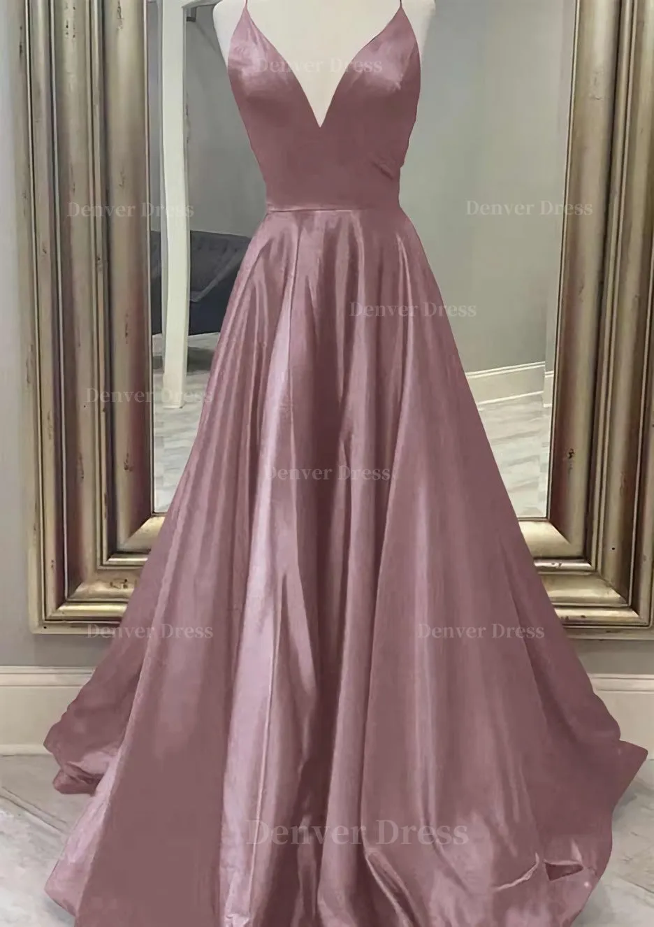 A-line V Neck Spaghetti Straps Long/Floor-Length Charmeuse Prom Dress With Pockets