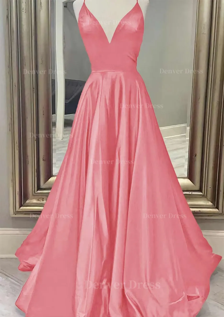 A-line V Neck Spaghetti Straps Long/Floor-Length Charmeuse Prom Dress With Pockets