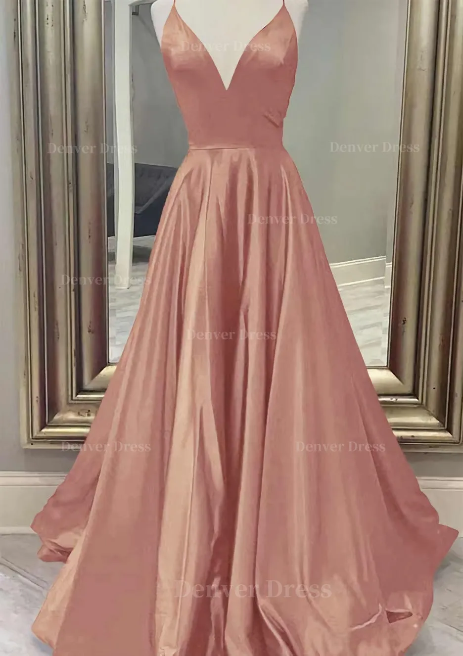 A-line V Neck Spaghetti Straps Long/Floor-Length Charmeuse Prom Dress With Pockets