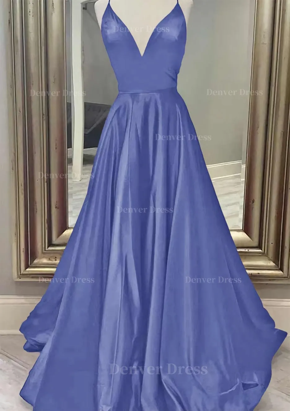 A-line V Neck Spaghetti Straps Long/Floor-Length Charmeuse Prom Dress With Pockets