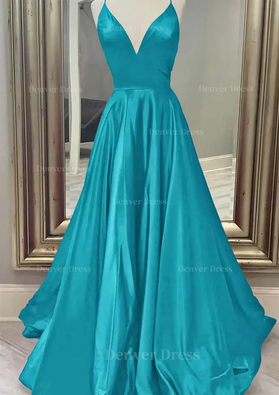 A-line V Neck Spaghetti Straps Long/Floor-Length Charmeuse Prom Dress With Pockets