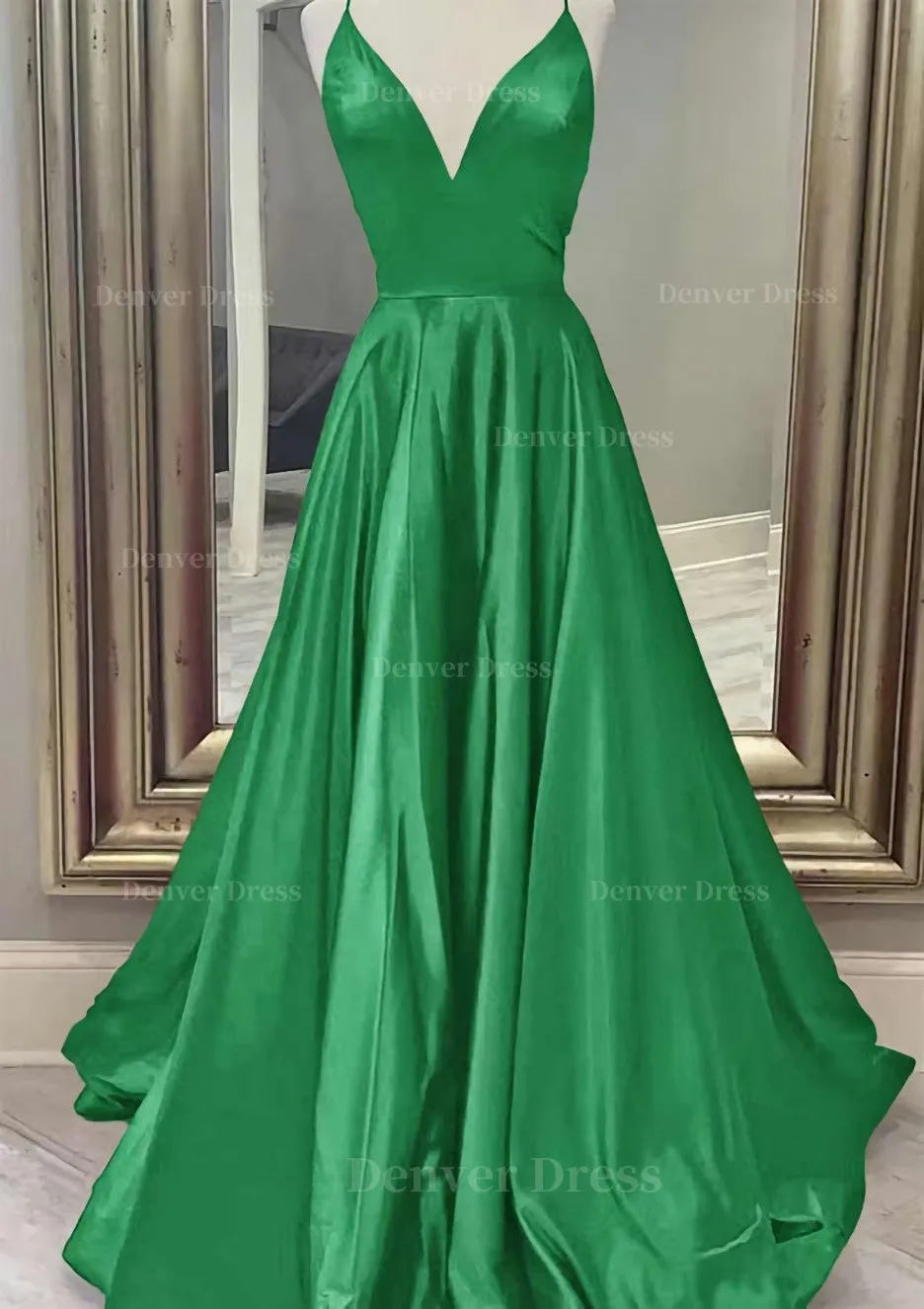 A-line V Neck Spaghetti Straps Long/Floor-Length Charmeuse Prom Dress With Pockets