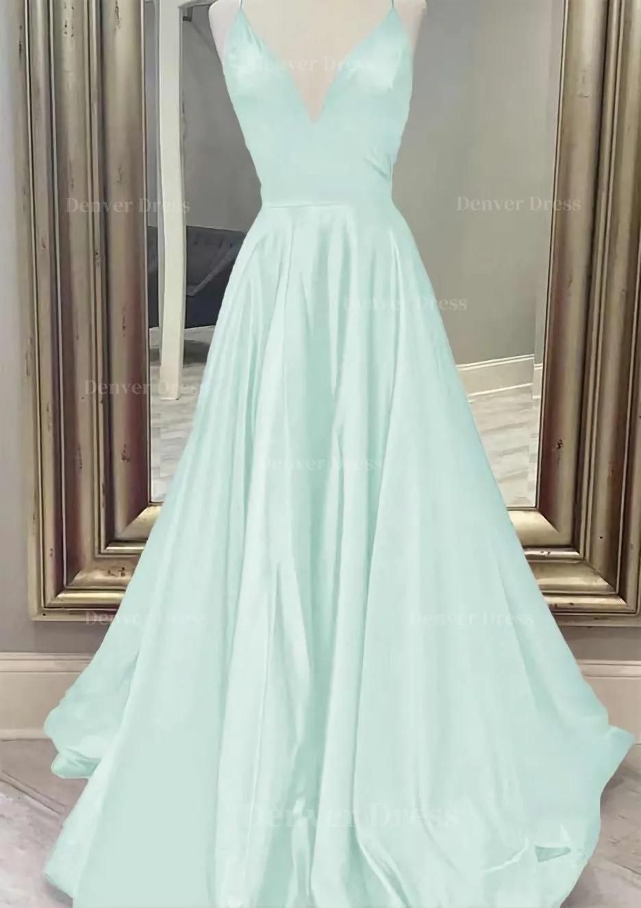 A-line V Neck Spaghetti Straps Long/Floor-Length Charmeuse Prom Dress With Pockets