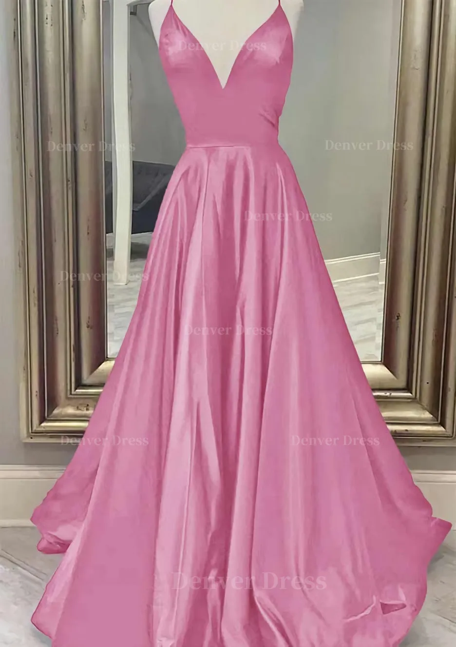 A-line V Neck Spaghetti Straps Long/Floor-Length Charmeuse Prom Dress With Pockets