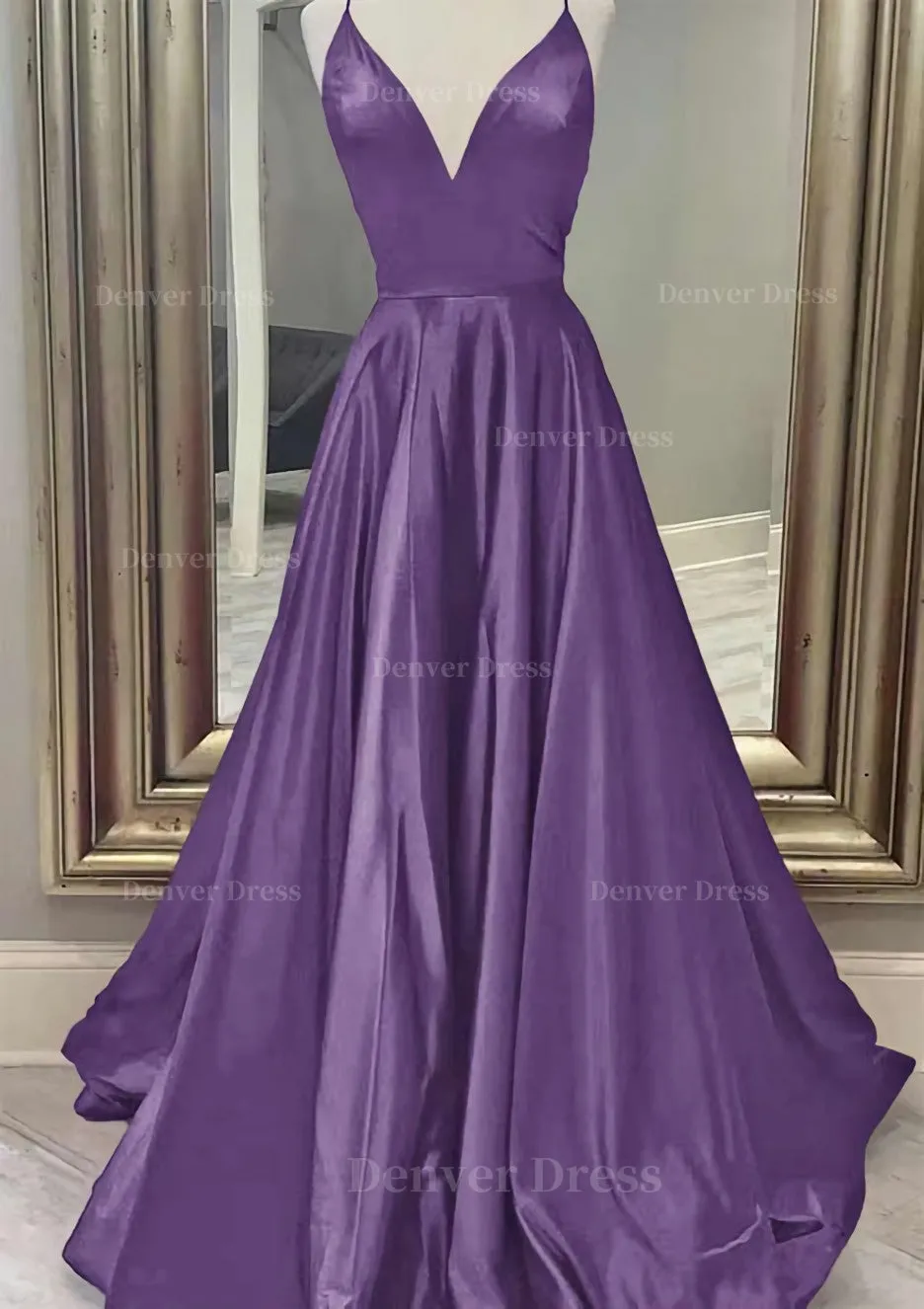 A-line V Neck Spaghetti Straps Long/Floor-Length Charmeuse Prom Dress With Pockets