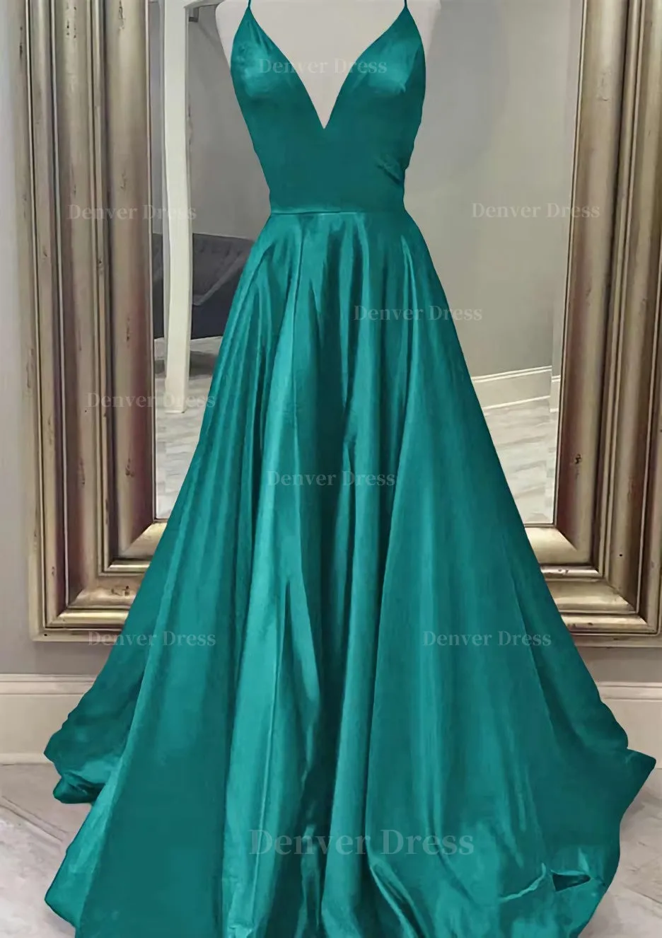 A-line V Neck Spaghetti Straps Long/Floor-Length Charmeuse Prom Dress With Pockets