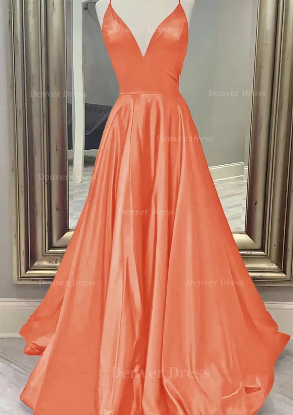 A-line V Neck Spaghetti Straps Long/Floor-Length Charmeuse Prom Dress With Pockets