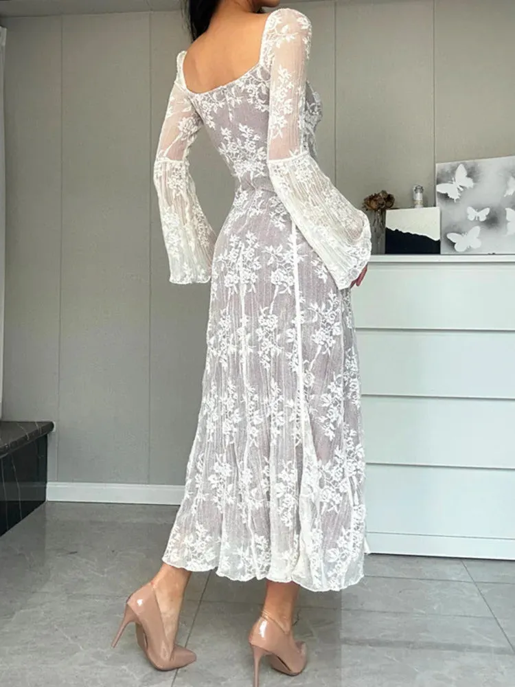 A&A Luxe Vintage Square Collar Lace Long Sleeve Maxi Dress