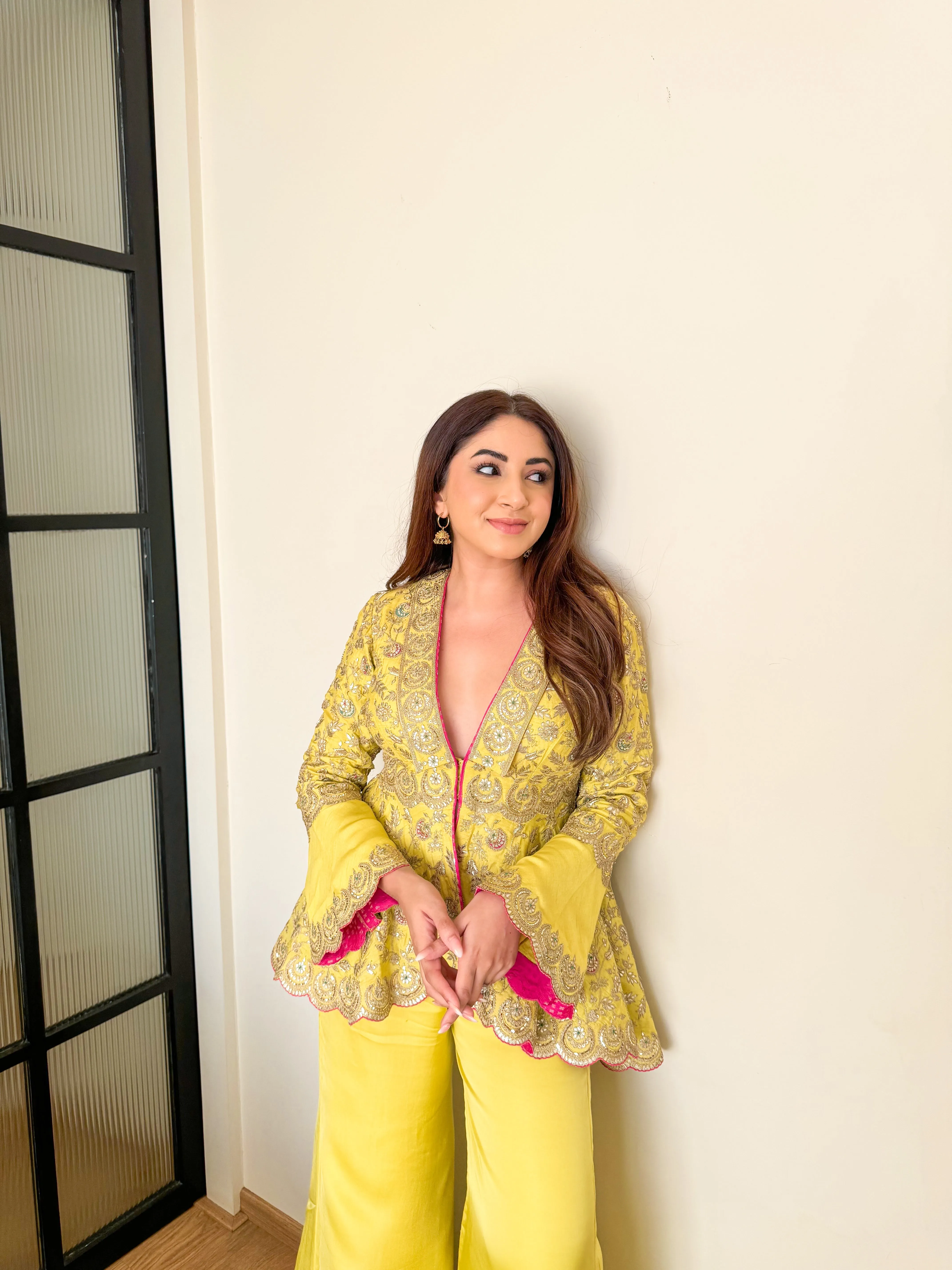 Aashna Shroff in MEHNDI YELLOW JACKET TROUSER SET