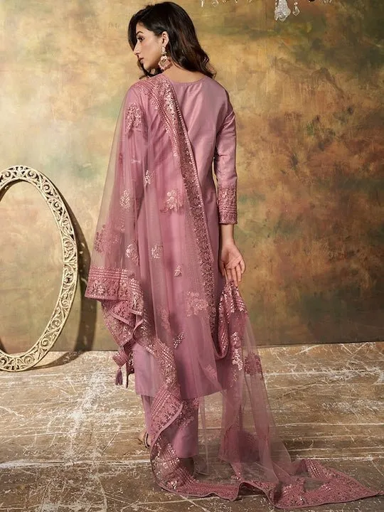 Abstract Printed Regular Sequinned Pure Silk Kurta with Trousers & Dupatta