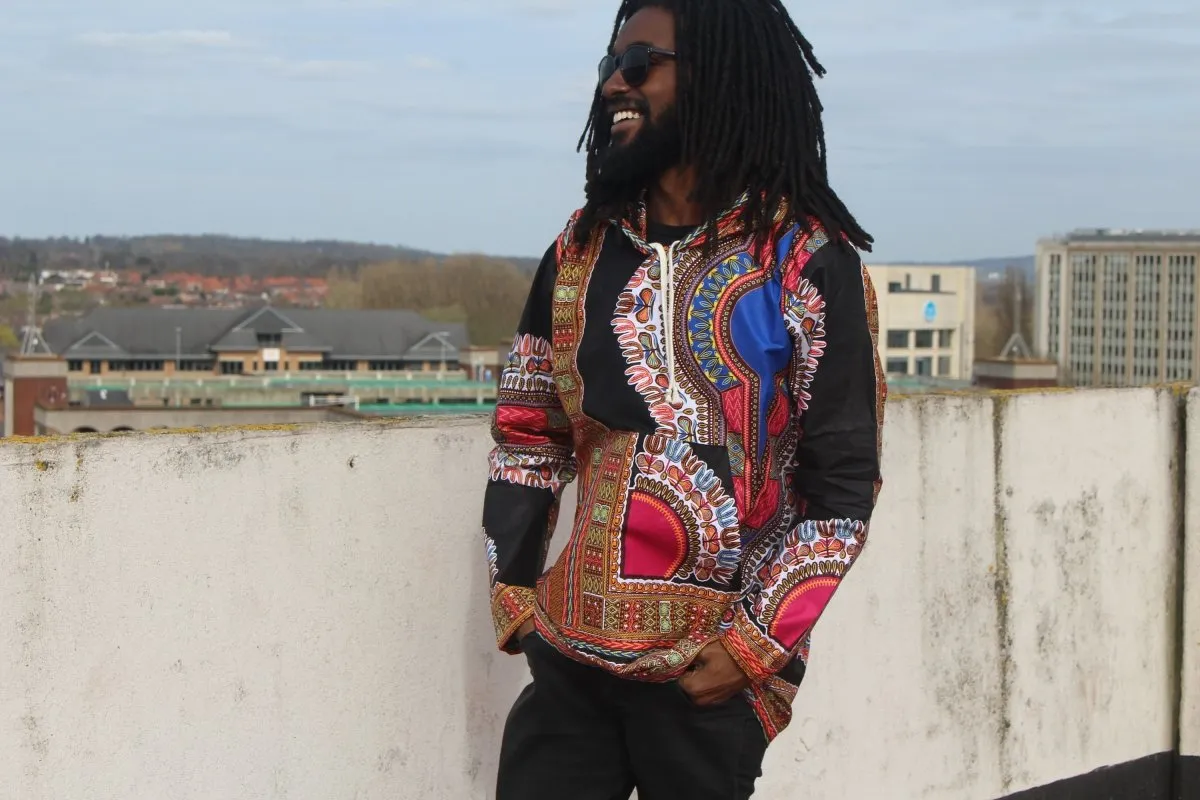 African Oversized Hoodie in Black Dashiki Print - Aztec Festival Hoodie