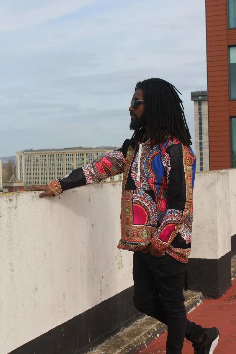 African Oversized Hoodie in Black Dashiki Print - Aztec Festival Hoodie