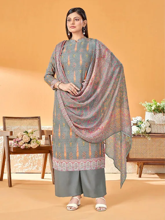 Alok Cotton Printed Grey Unstitched Suit Material with Dupatta for Ladies