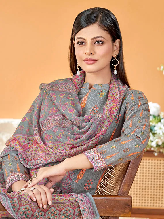 Alok Cotton Printed Grey Unstitched Suit Material with Dupatta for Ladies