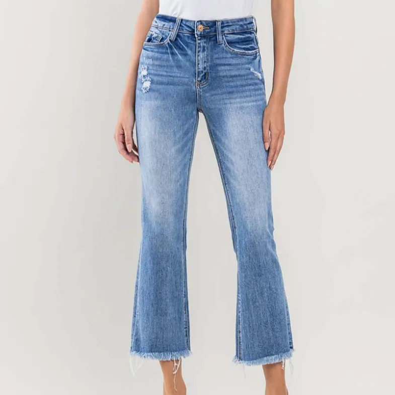 Amber Cropped Frayed Hem Medium Wash Flare Jeans