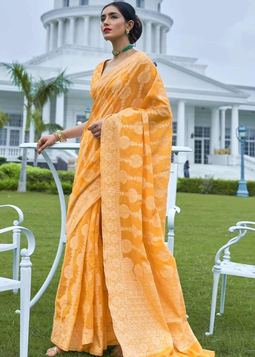 Amber Yellow Lucknowi Chikankari Weaving Silk Saree