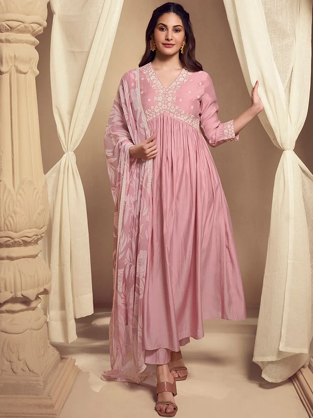 Amyra Dastur Pink V-Neck Floral Pleated Thread Work Pure Silk A-Line Kurta with Trousers & Dupatta