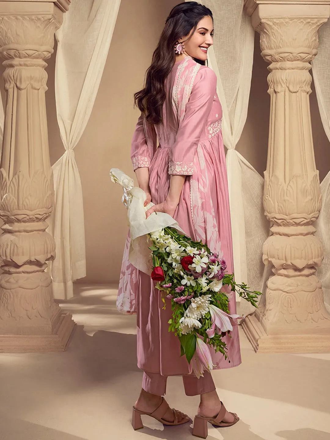 Amyra Dastur Pink V-Neck Floral Pleated Thread Work Pure Silk A-Line Kurta with Trousers & Dupatta