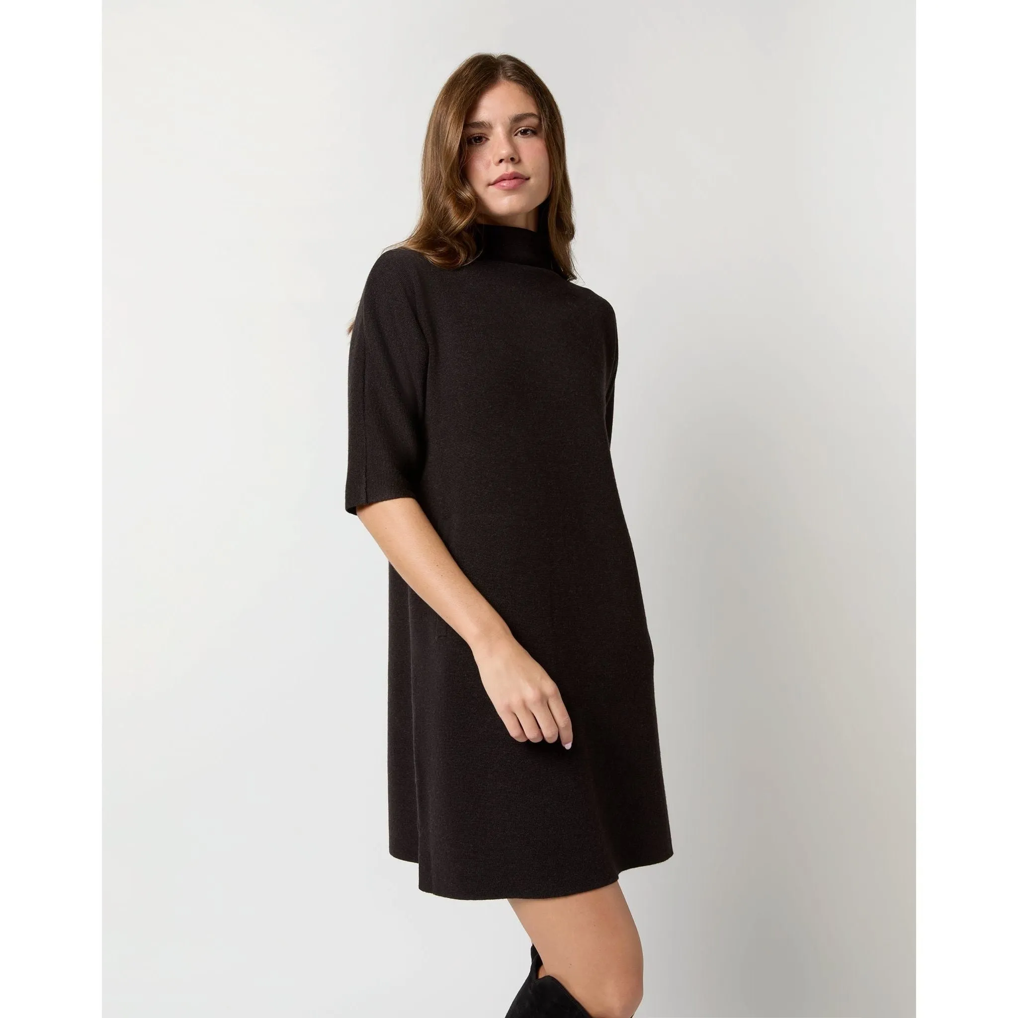 Ann Mashburn Rowan Short-Sleeved Funnel-Neck Dress Chocolate Extra Fine Merino Wool