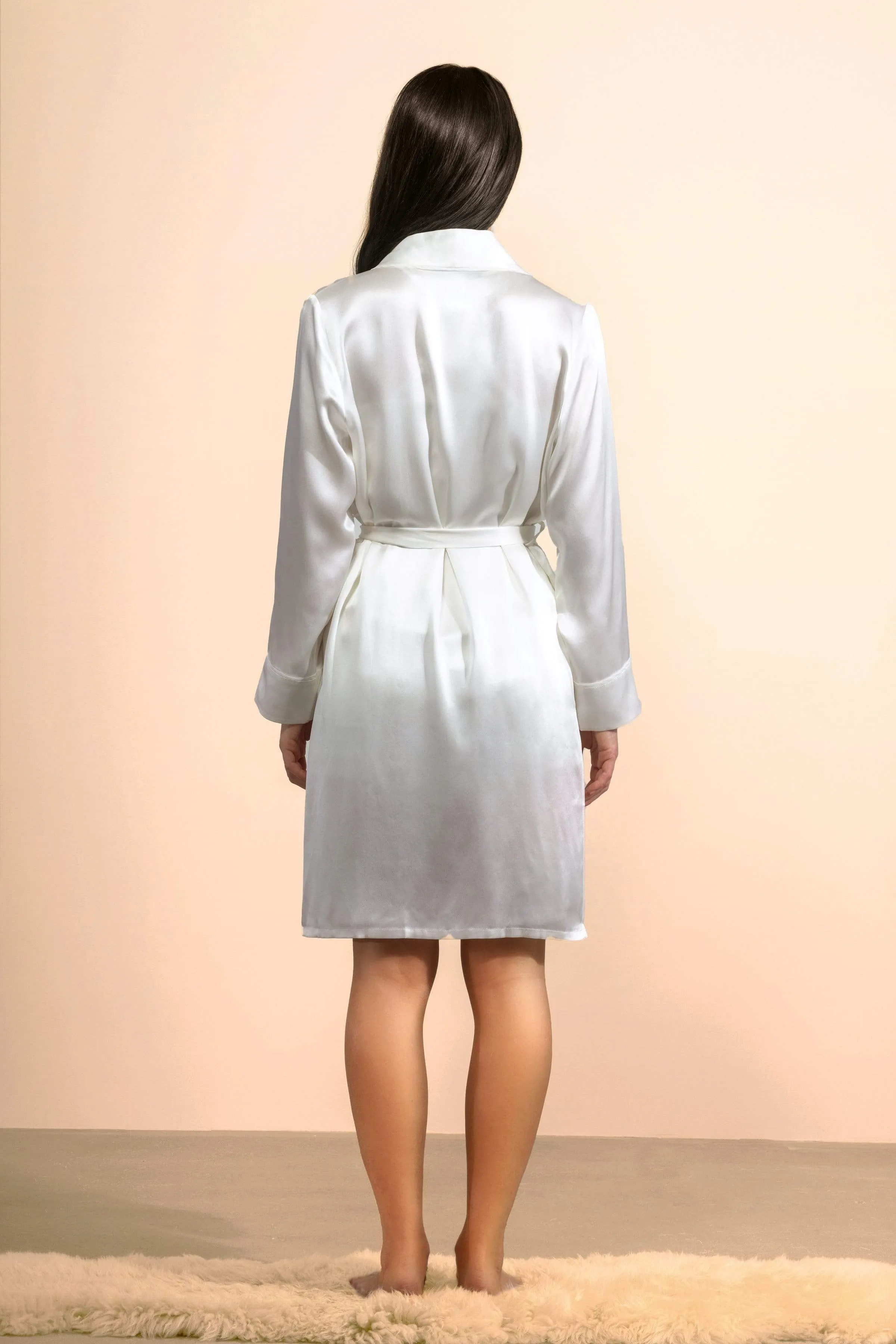 Aphrodite White Silk Bridal Robe with Chiffon Piping · Light Champagne