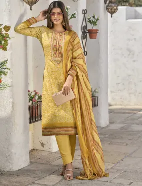 Aqsa Unstitched Cotton Suit Fabric Material with Dupatta Yellow