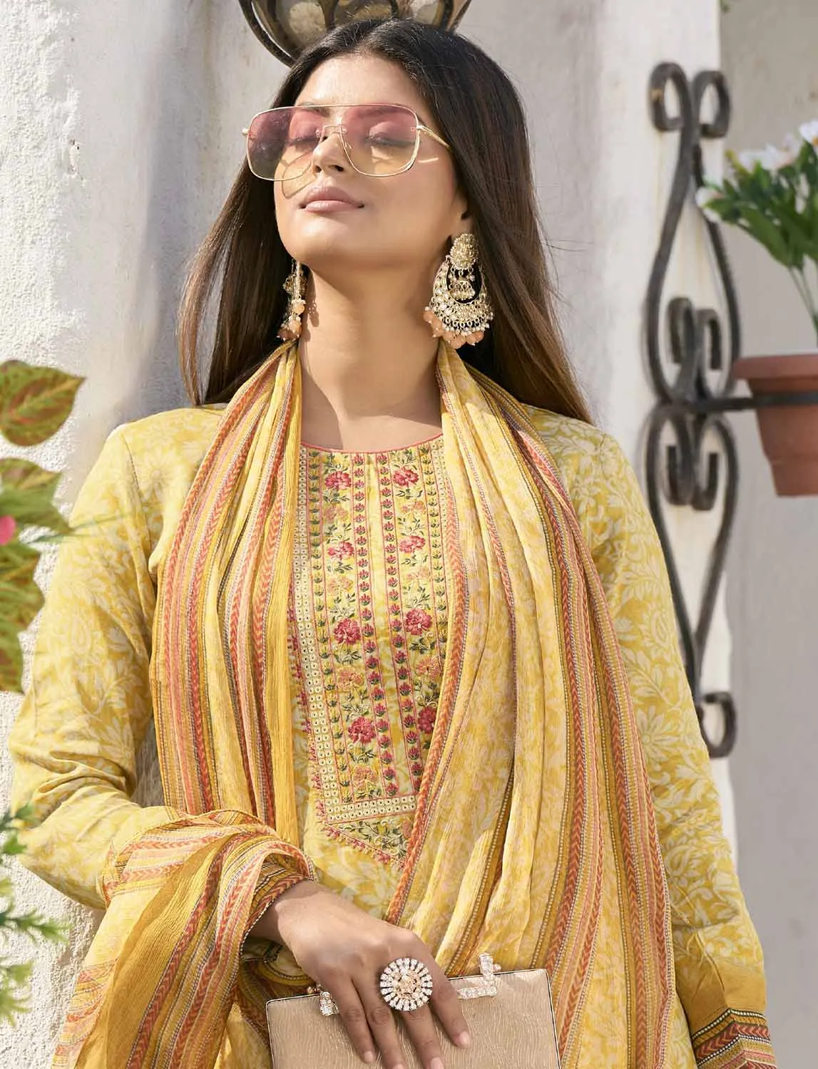 Aqsa Unstitched Cotton Suit Fabric Material with Dupatta Yellow