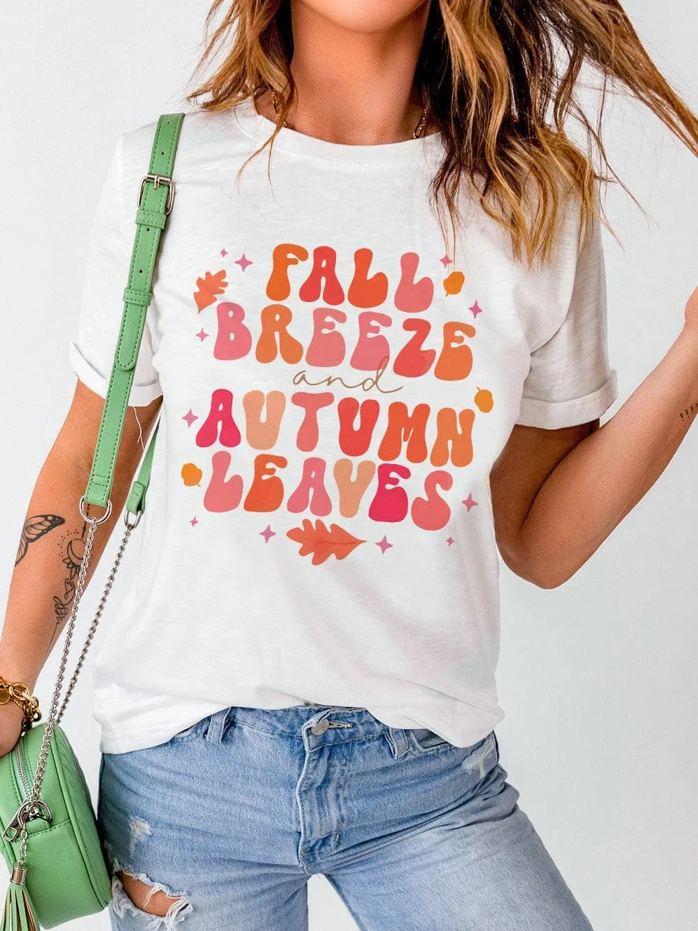 Autumn Leaf Print White Tee for Women