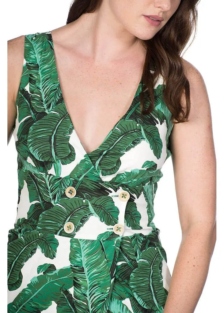 Banned Tropical Leaves 50's Pencil Dress Green