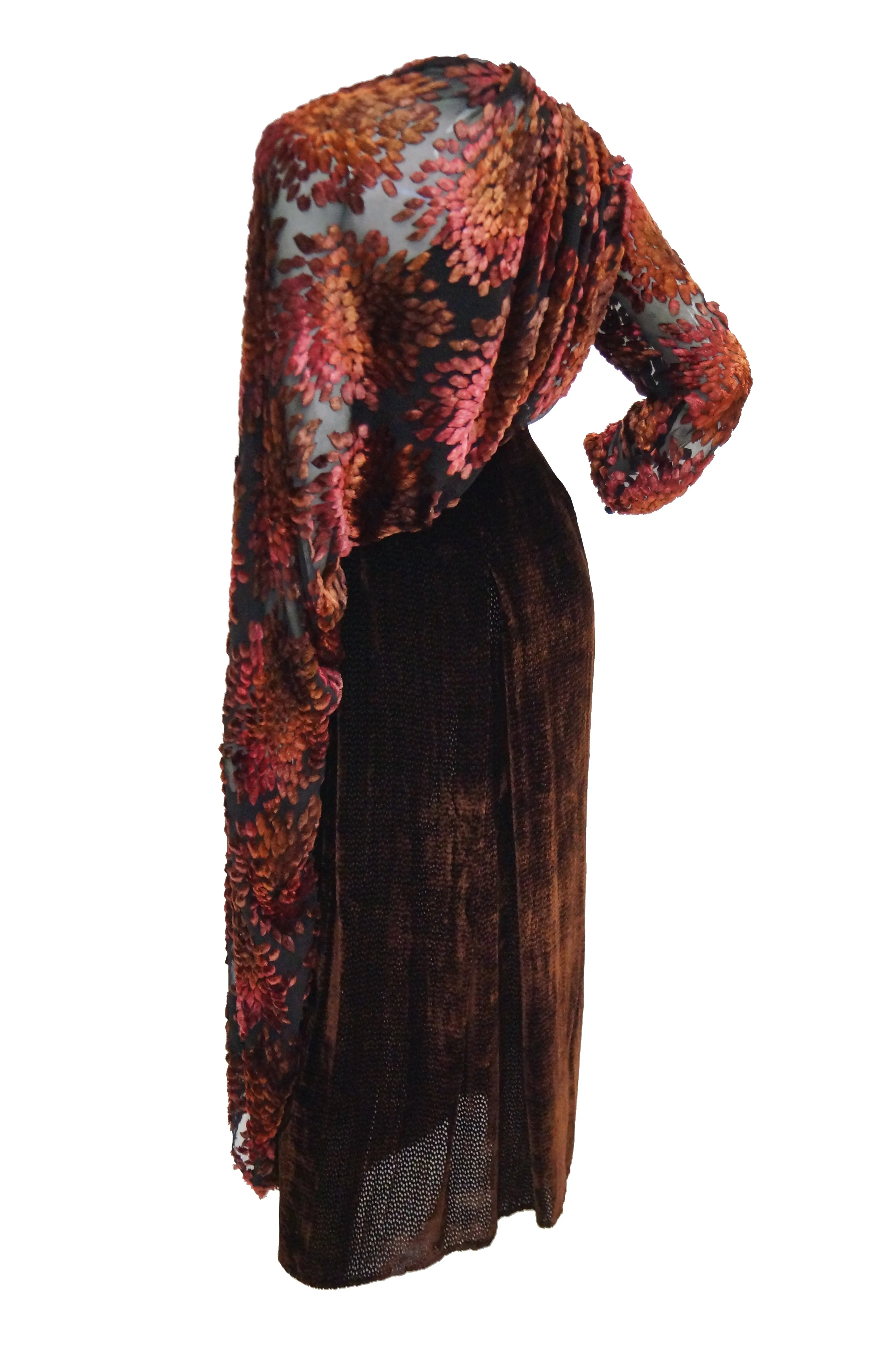 Barbara Bui Devore Red and Ochre Velvet Evening Dress with Wrap Kimono