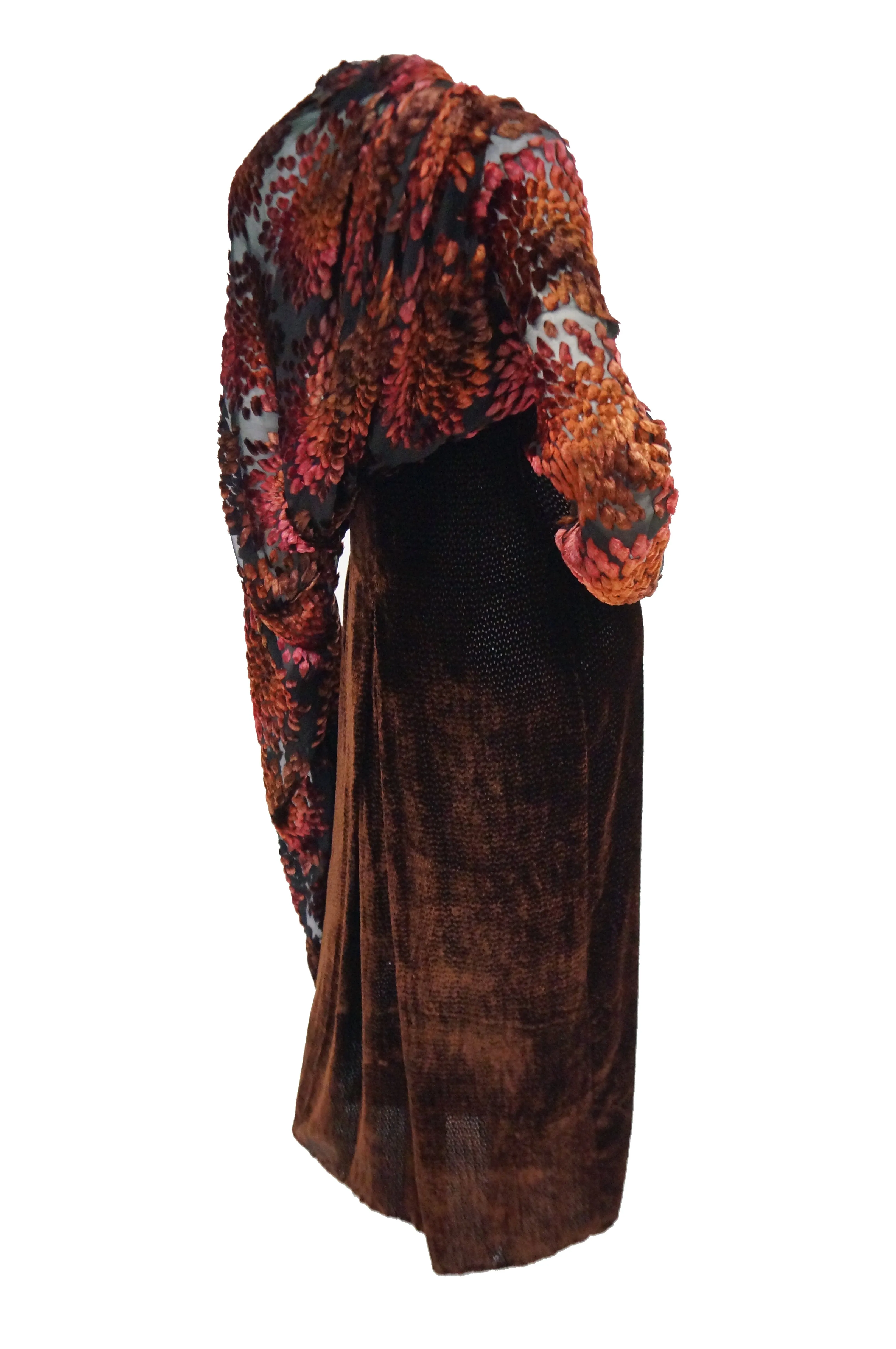 Barbara Bui Devore Red and Ochre Velvet Evening Dress with Wrap Kimono