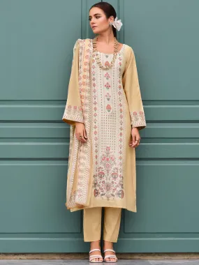 Beige Cotton Printed Unstitched Women Salwar Suit Fabric