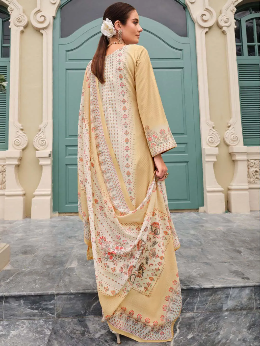 Beige Cotton Printed Unstitched Women Salwar Suit Fabric