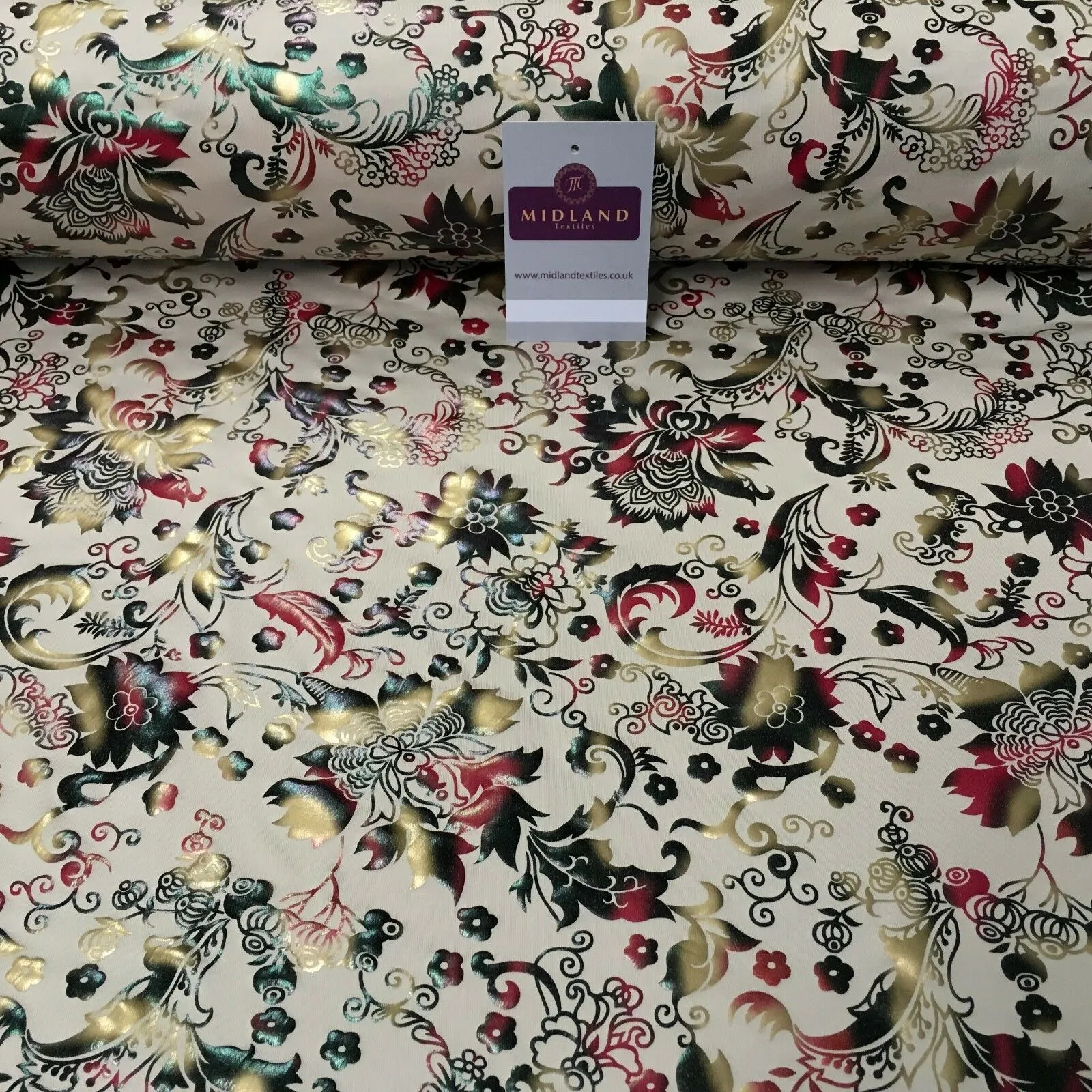 Beige Multicoloured Floral Foil Print Spandex Jersey Dress fabric 58" MU1022-1