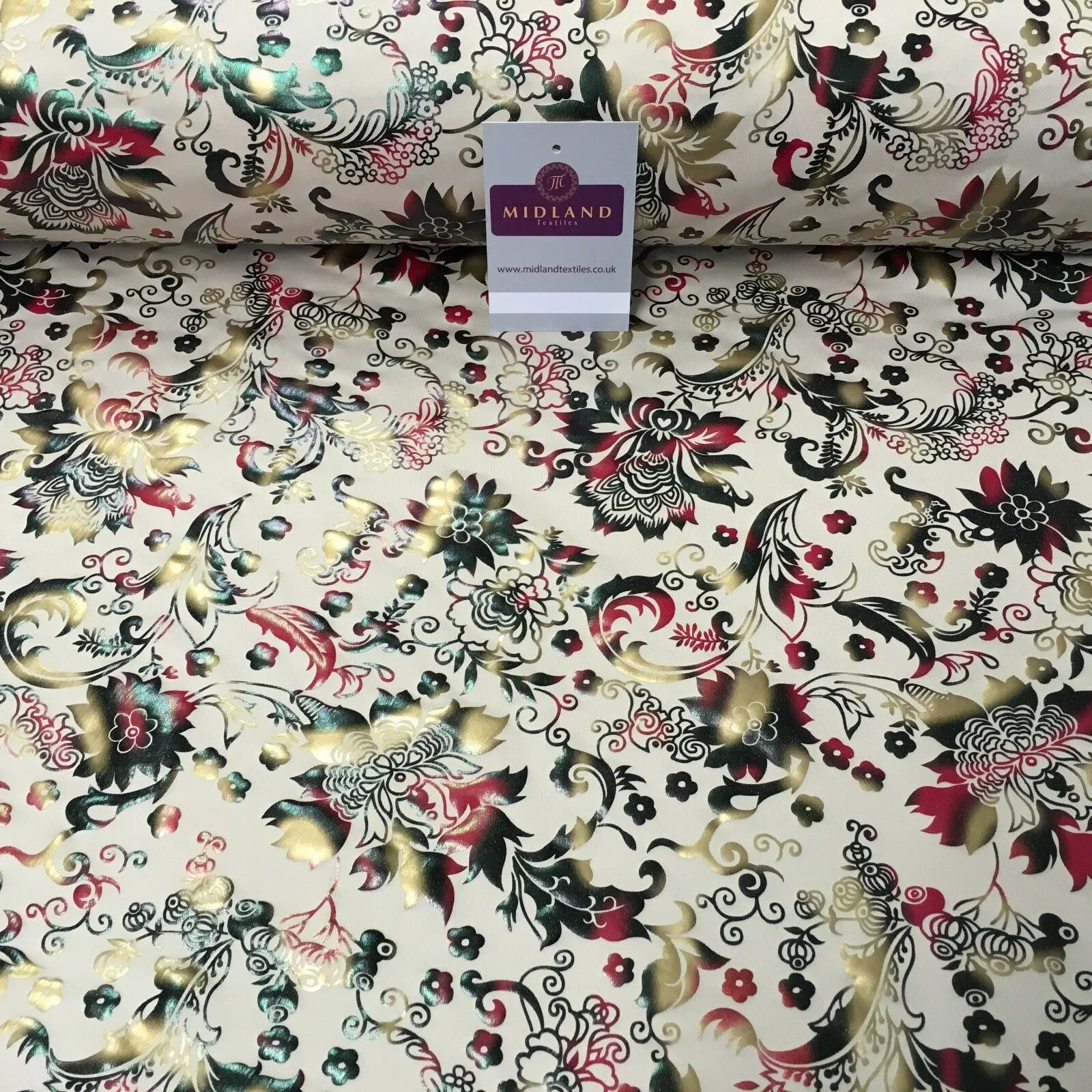 Beige Multicoloured Floral Foil Print Spandex Jersey Dress fabric 58" MU1022-1