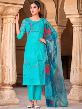 Belliza Cotton Linen Blue Unstitched Women Suit Set