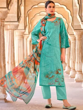 Belliza Cotton Linen Green Printed Unstitched Women Suit Material