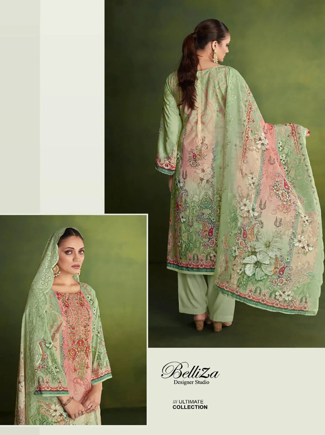 Belliza Green Cotton Pakistani Print Unstitched Women Suit Material