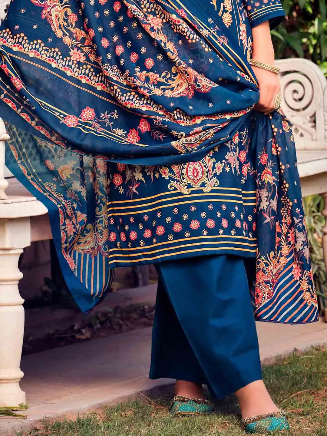 Belliza Unstitched Women Pakistani Print Cotton Suits Set Blue