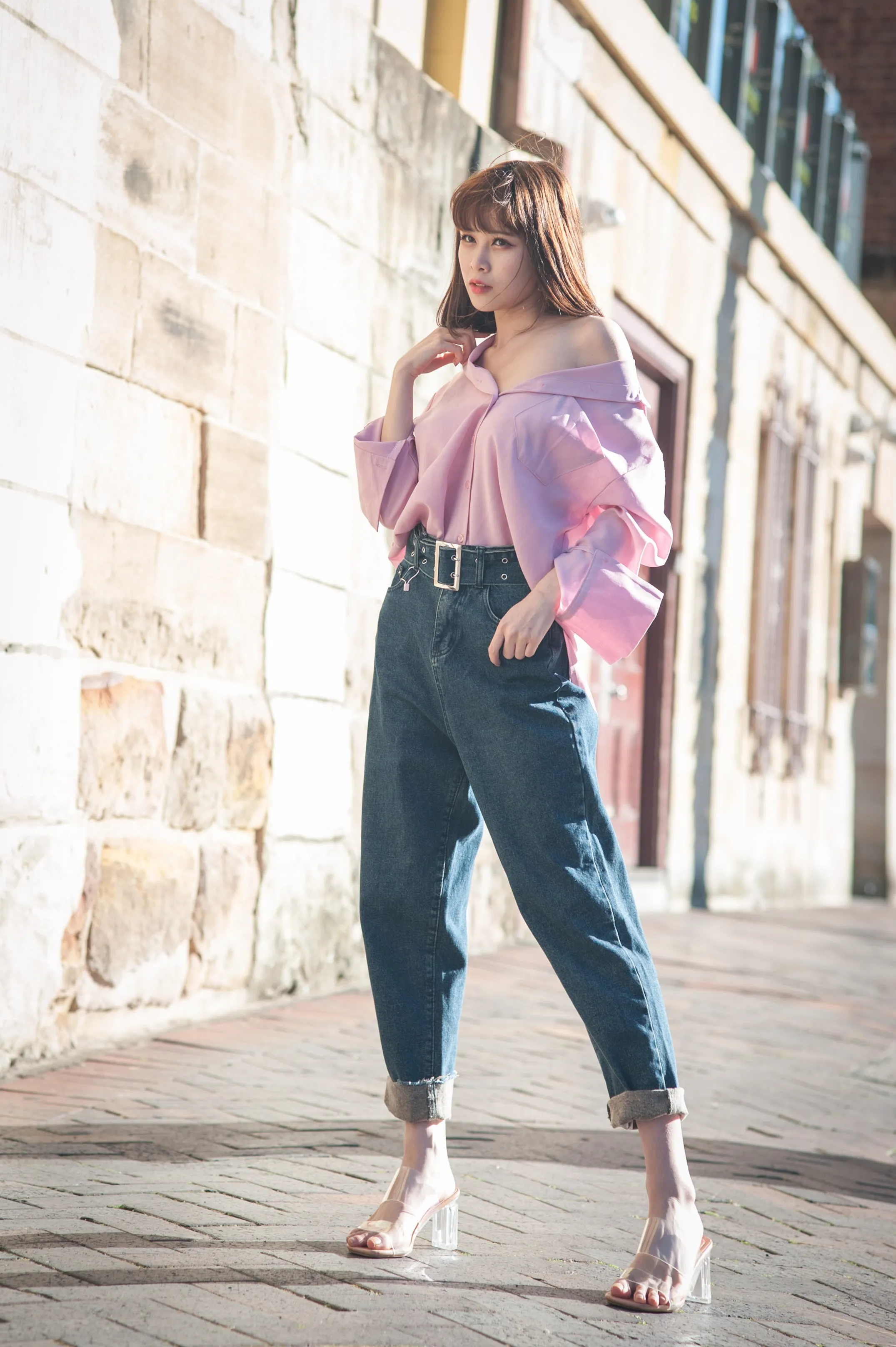 Belted High Waist Blue Jeans