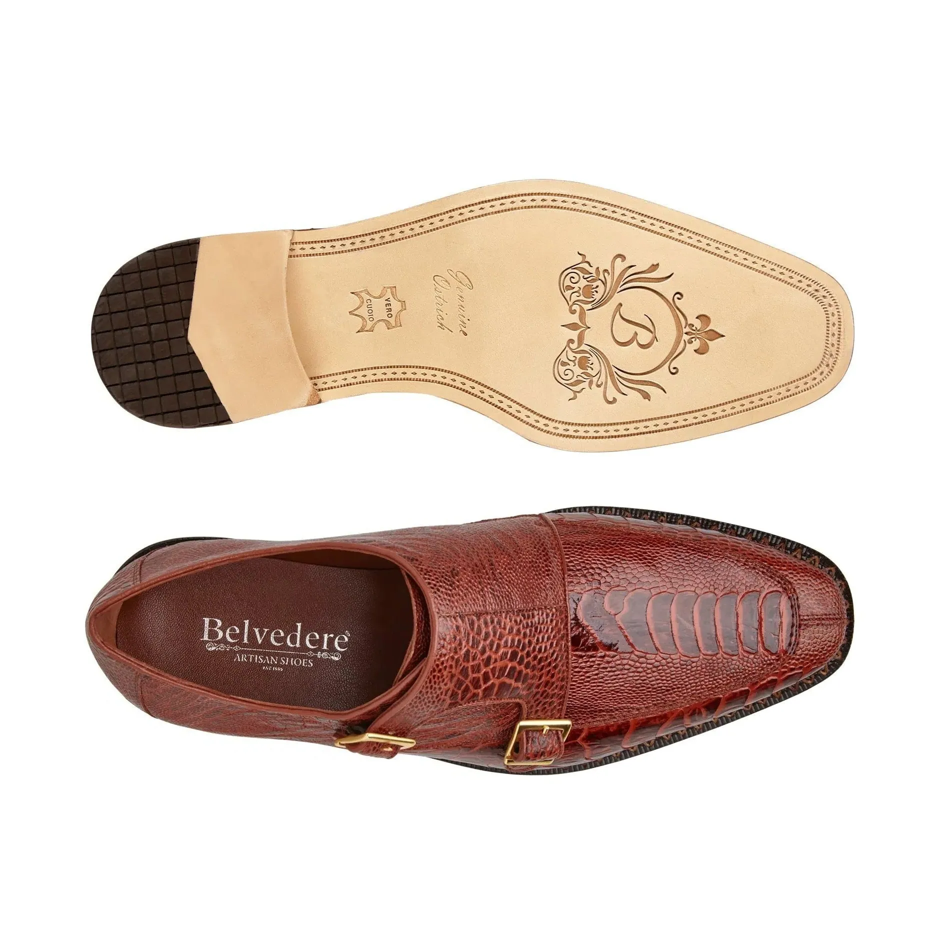 Belvedere Valiente in Antique Rust Ostrich Leg Monkstraps